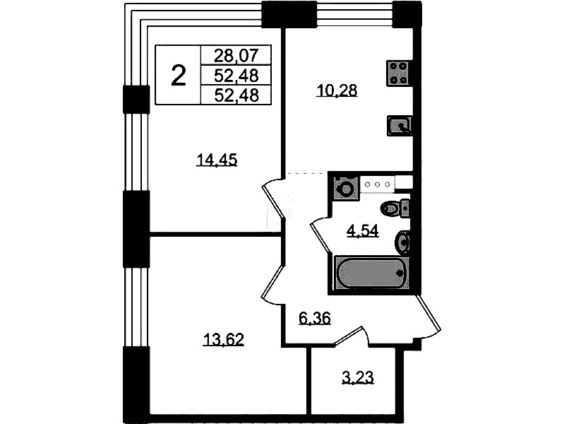 2-комнатная квартира 52.48 м², 4/5 эт., ЖК «Plus Пулковский»